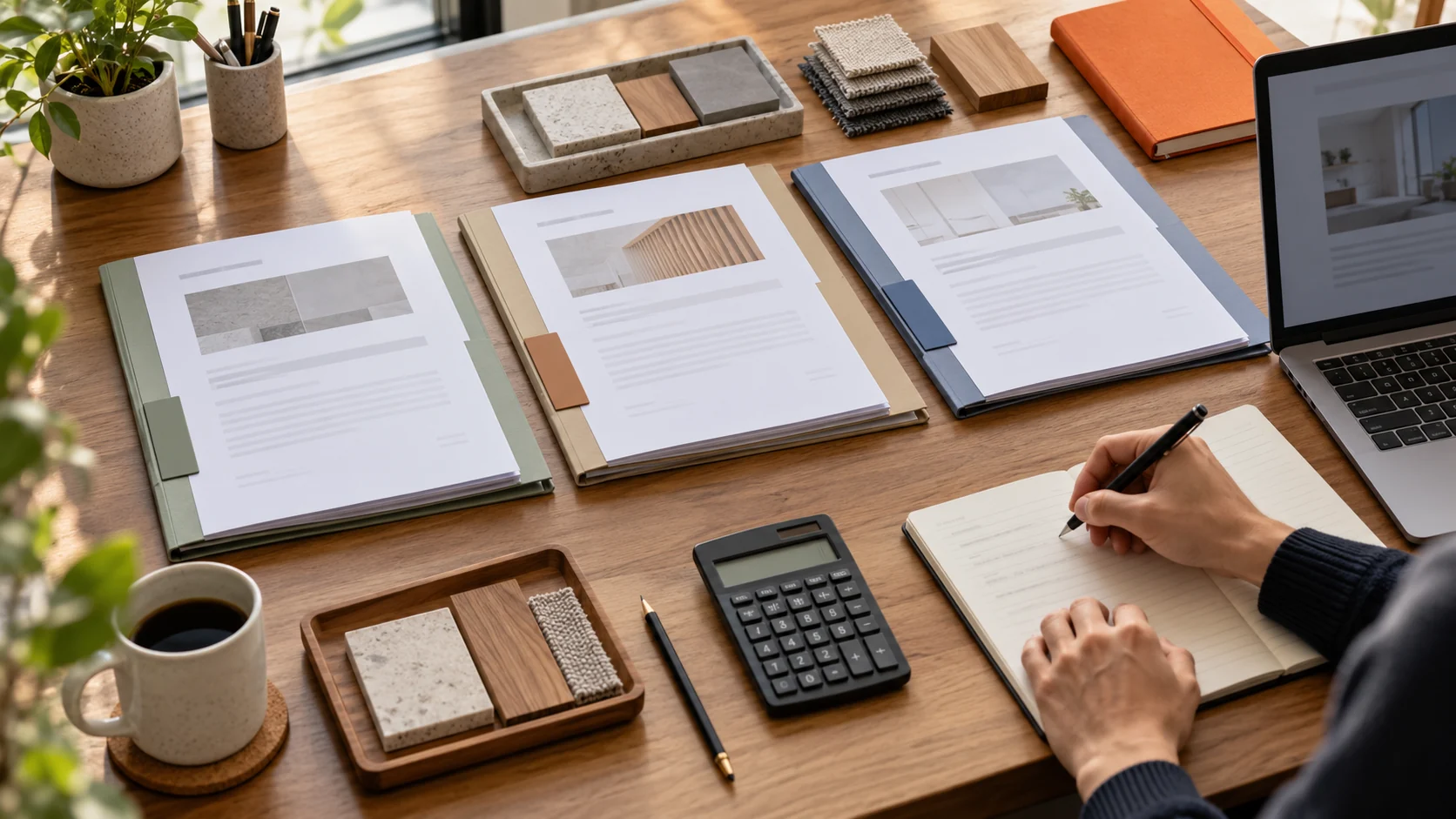 Illustrative desk arranged for comparing supplier proposals and costs