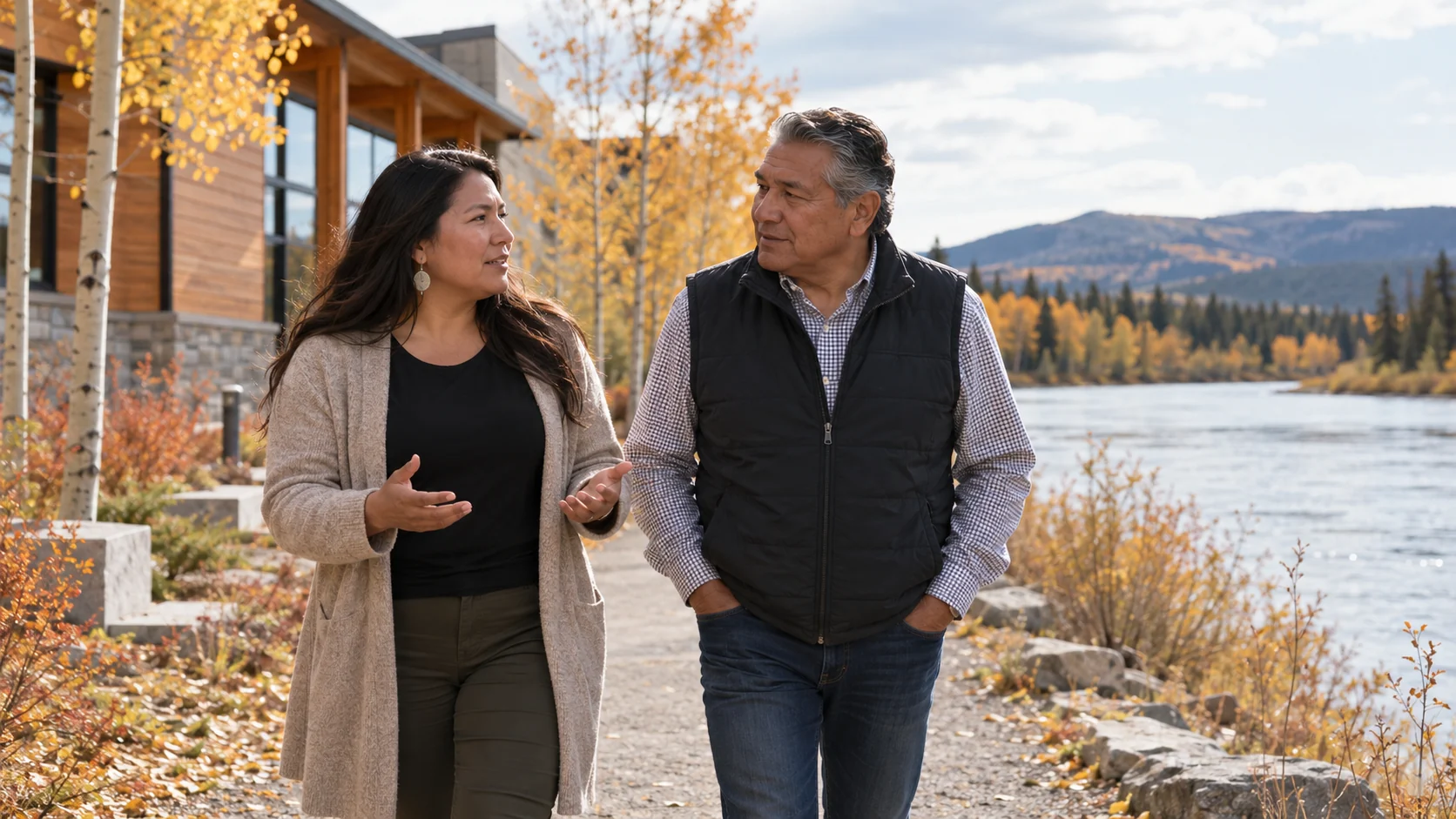 Fictional community professionals talking while walking beside a river